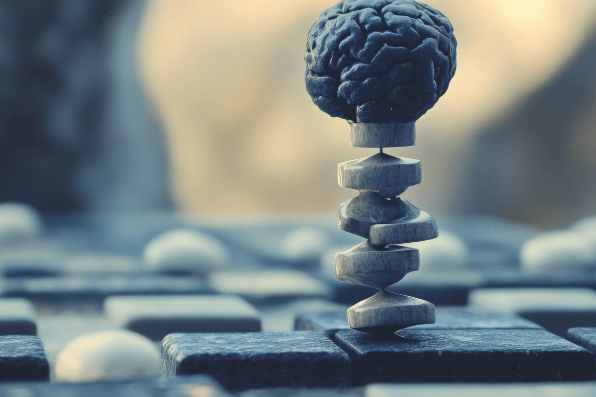 Escultura de um cérebro se equilibrando sobre peças de jogo, simbolizando a inteligência emocional e a resiliência necessárias para ter a mentalidade correta no marketing de afiliados.